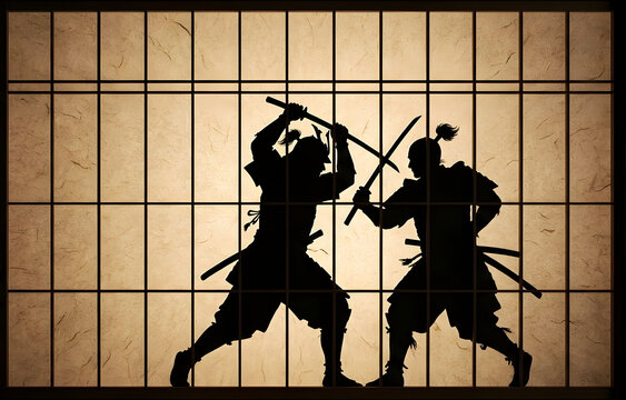Silhouettes of samurai dueling with swords against grid window backdrop