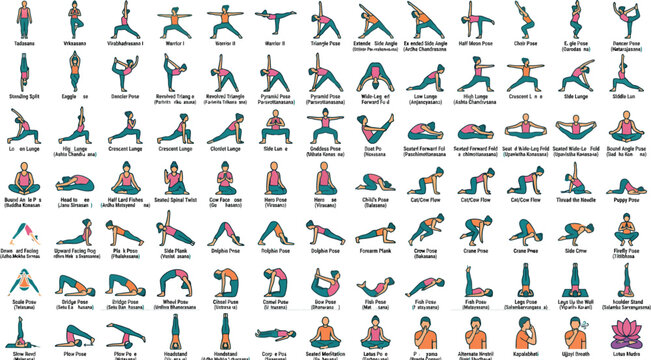 Collection of yoga poses and asanas with exercise meditation flexibility strength wellness mindfulness silhouette healthy lifestyle movement activity stretching