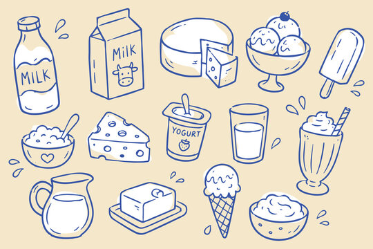 Dairy Products Blue Ink Naive Sketch Set Vector