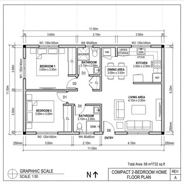 Compact two bedroom home floor plan with dimensions 68 square meters