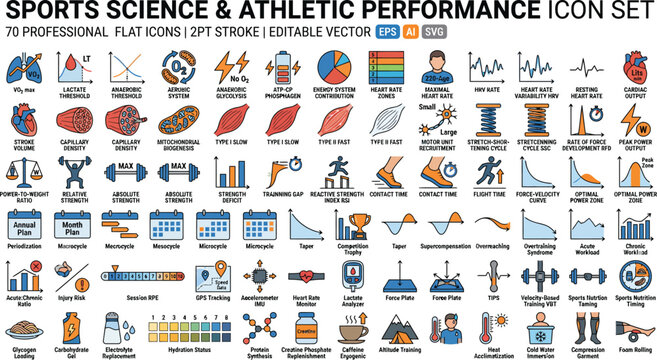 Icon set for sports science and athletic performance analysis with heart rate flat design human body analysis statistics physiology strength endurance training exercise