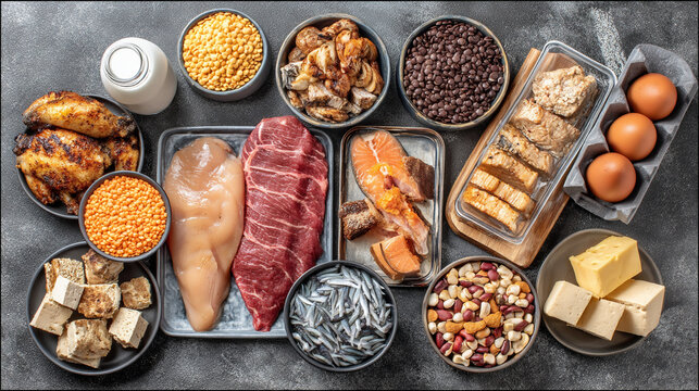 Variety of high protein foods: meats fish eggs dairy legumes tofu with raw food