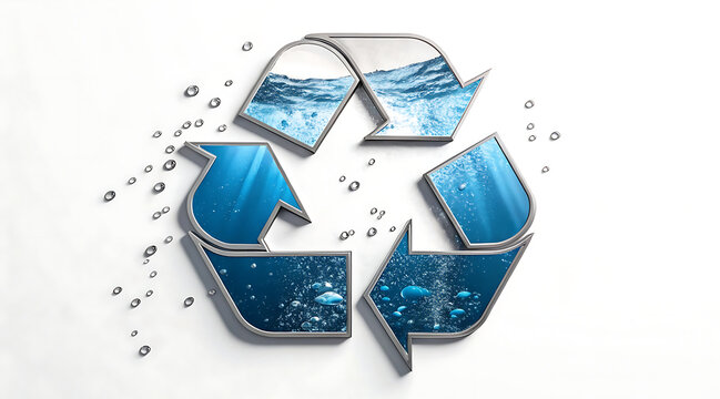 Recycling symbol made of chrome segments filled with water and bubbles, eco concept with liquid texture and droplets
