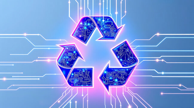 Recycle symbol circuit electronic recycling e waste concept sustainable technology neon circuitry blue pink glow futuristic design