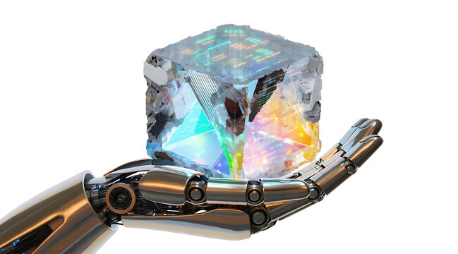 Futuristic robotic hand holding glowing translucent cube with holographic circuitry and colorful light, conveying innovation and sustainable