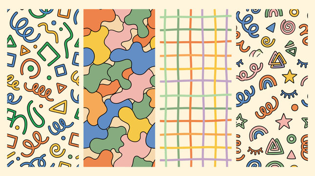 Quadruple abstract pattern collage featuring colorful puzzle pieces, grid lines, looping doodles and playful icons on soft backgrounds