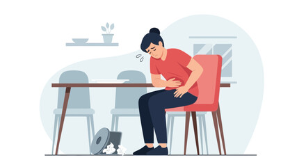 Fototapeta premium Woman Experiencing Stomach Pain While Sitting in The Dining Area, Feeling Unwell Clearly