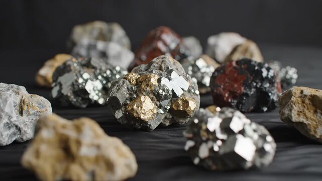 A diverse collection of raw minerals and geological rock specimens including pyrite and hematite.