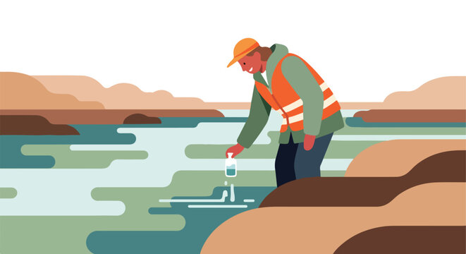 A person in safety gear collects water samples from a river with stylized mountains background