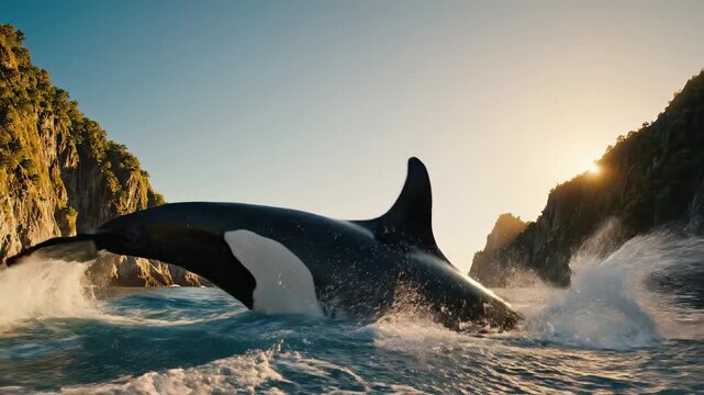 A majestic orca whale swimming through calm ocean waters between rocky cliffs at sunset.