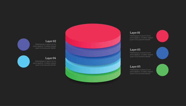 Five Layered Stacked 3D Cylinder Infographic On Dark Background