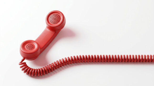 Vintage red telephone handset with coiled cord on white background, retro landline phone receiver for customer support and hotline communication