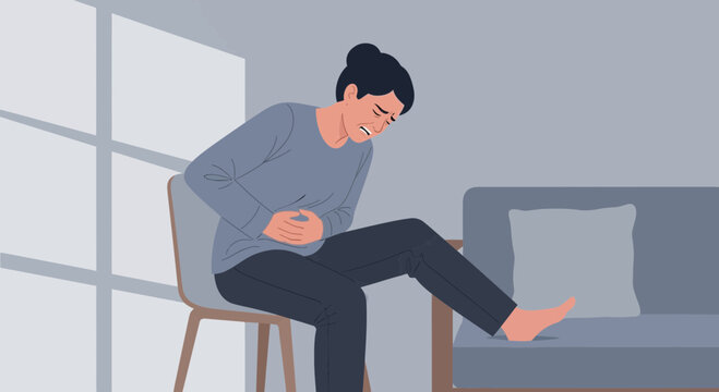 Woman Experiencing Stomach Pain, Illustrating Discomfort And Health Challenges Visually