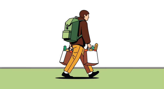 An illustrated person walks with a backpack and two full grocery bags