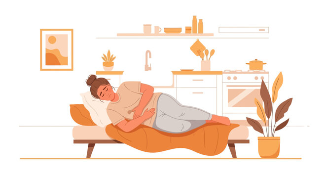 Woman Experiencing Stomach Pain Resting On A Couch In A Modern Kitchen