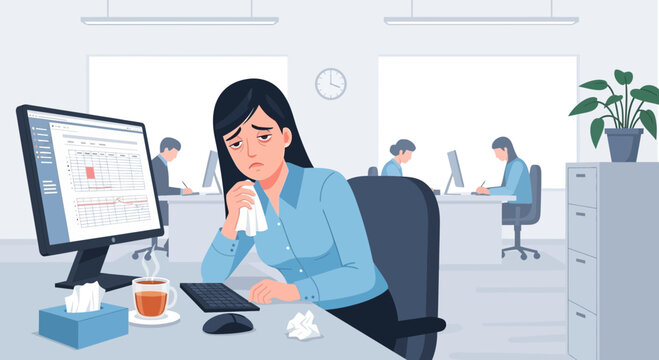 Woman Experiencing Stress And Discomfort In An Office Setting With A Computer