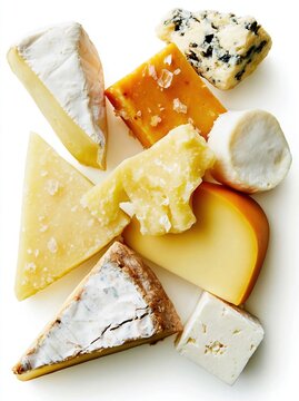 Artisan Cheese Selection with Brie Camembert Blue Parmesan Gouda Aged Cheddar and Feta on White Background Top Down Vertical
