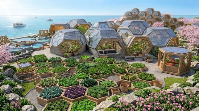 AI-generated　海辺の未来型ウェルネスリゾートにある持続可能なオーガニック・ハニカム農園