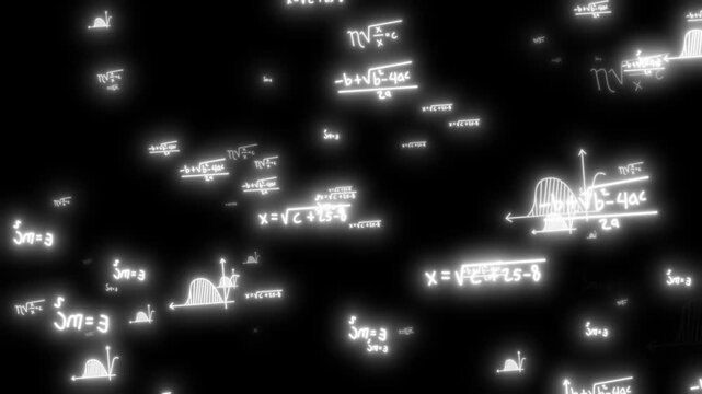 Glowing Blue Math Formulas and Geometry Theory with Fast Camera zooming Motion video. Scientific Mathematical animation on black Background.