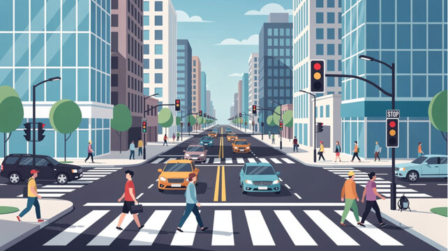 People Crossing City Street Intersection.