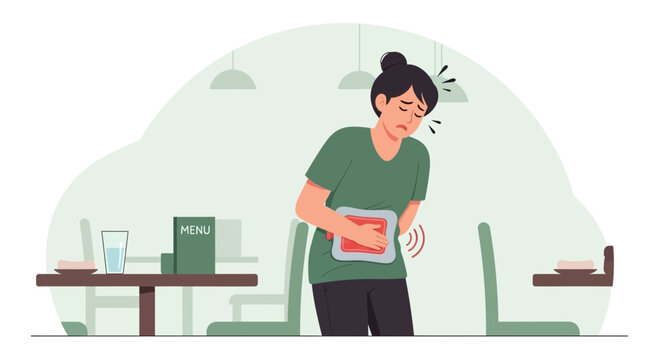 Woman Experiencing Stomach Pain While Seated At A Restaurant Table And Feeling Ill