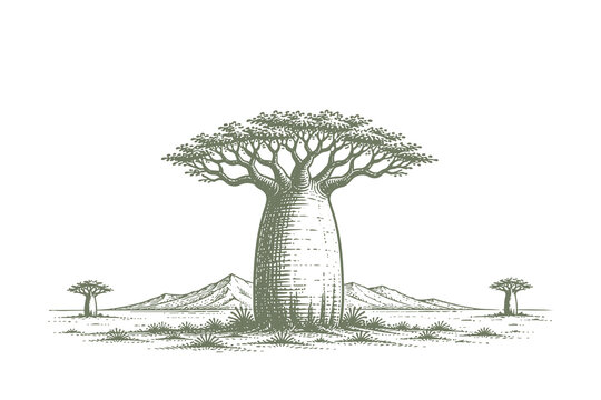 Grand Baobab Tree with Distant Mountains in Traditional Etching Style Vector Illustration for Exotic Nature and African Heritage Graphic Design Assets