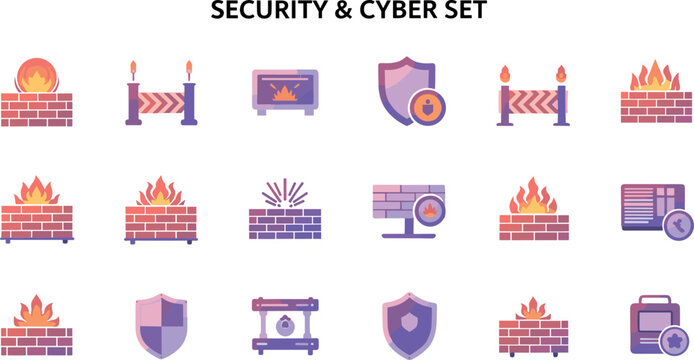 Cyber security firewall icons set with protection shields, warning barriers, firewalls and digital defense symbols