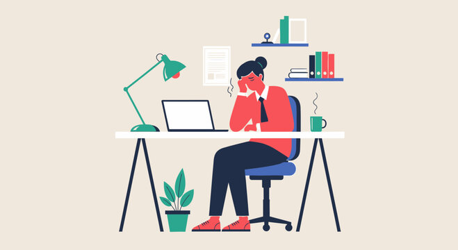 Woman Experiencing Work-Related Stress While Working, Feeling Overwhelmed at Her Desk