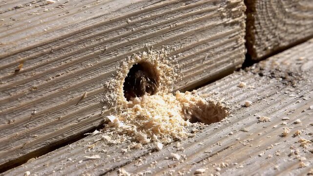 High-definition video of Carpenter bee burrowing in wood. Evidence of carpenter bee activity in wood. Carpenter bee entry holes are typically clean.