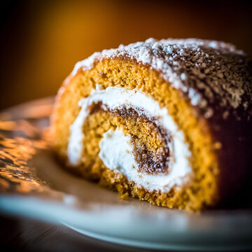 Dusting of powdered sugar on a swirled pumpkin roll cake slice with swiss roll