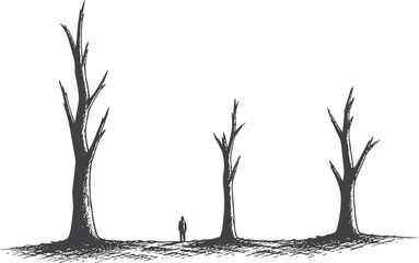 Fototapeta premium Solitary Tiny Figure Among Dead Trees in Vintage Engraving Style Vector Illustration for Loneliness and Environmental Change Conceptual Design Projects