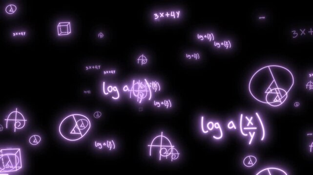 Glowing Blue Math Formulas and Geometry Theory with Fast Camera zooming Motion video. Scientific Mathematical animation on black Background.