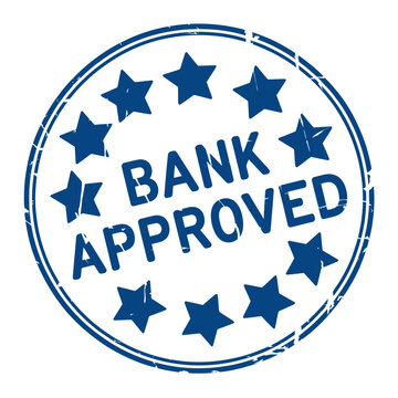 Bank approved blue rubber stamp with stars on white background
