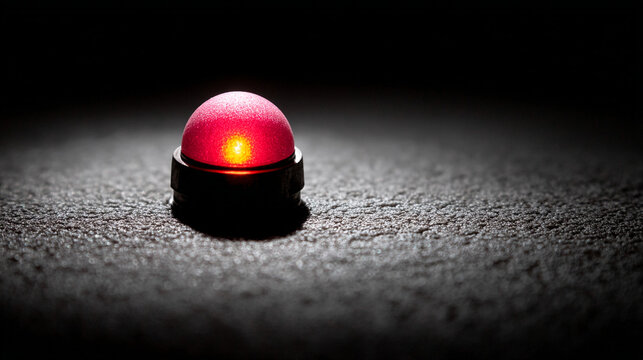 Single red warning light glowing on textured dark surface with dark background