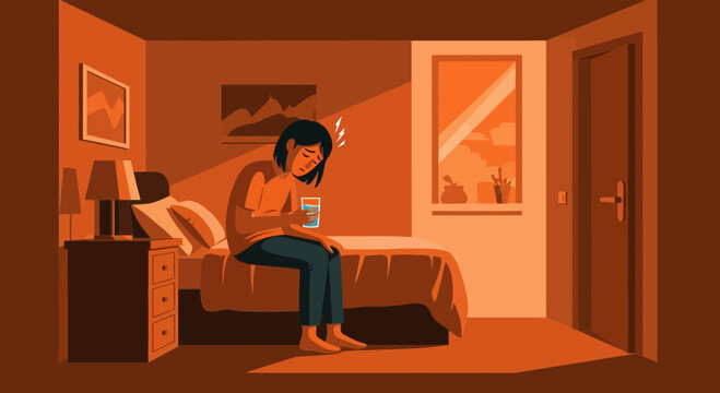 Woman In Distress Sitting On Bed With Glass Of Water In Room Alone