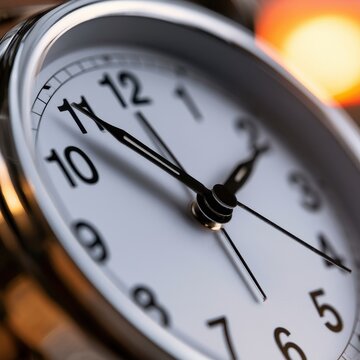 Close-up of an analog clock face with silver frame, showing time near 11 oclock against a warm, blurred background.