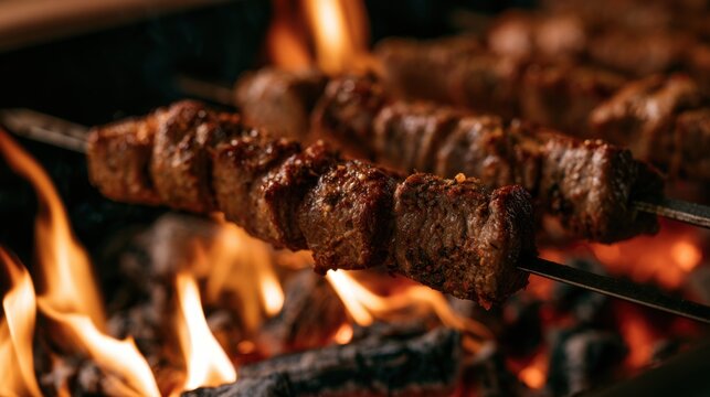 Grilled beef skewers cooking over open fire flames