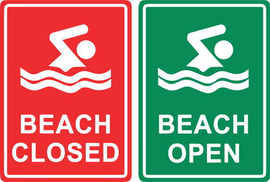 Illustrazione vettoriale di cartelli di segnalazione per spiaggia aperta o chiusa, con indicazioni per bagnanti e barche. Ideale per sicurezza balneare, turismo, segnaletica marittima e gestione costi
