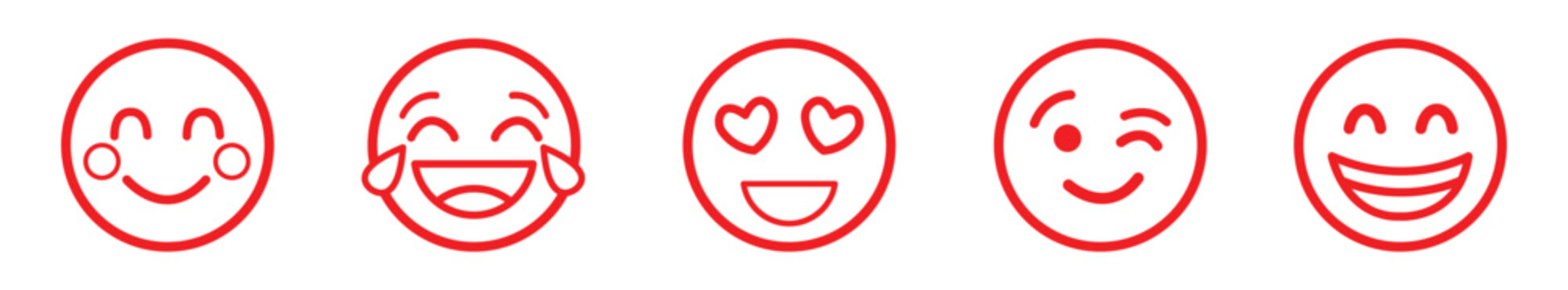 Collection of red line emoji faces with different happy expressions.