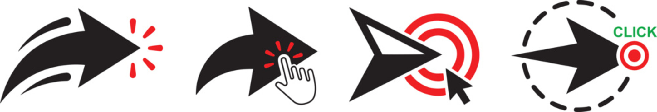 Set of black arrow cursor icons with red click effects. Web navigation elements showing mouse pointer action and selection.