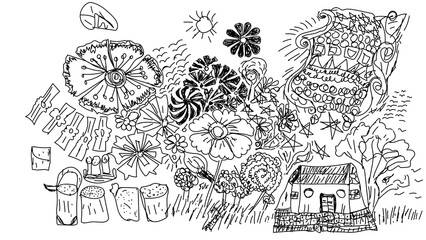 Obraz premium Hand Drawn Doodle Art Elements Illustration PNG, Floral Sketch with House and Sun, Creative Black and White Line Art for Adult Coloring Book and Decorative Design. 