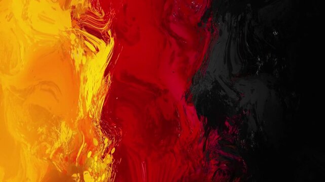 A creative and artistic representation featuring the colors of the German flag, red and yellow. The footage showcases a textured, grungy paint stroke or ink flow animation with a rich
