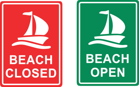 Illustrazione vettoriale di cartelli di segnalazione per spiaggia aperta o chiusa, con indicazioni per bagnanti e barche. Ideale per sicurezza balneare, turismo, segnaletica marittima e gestione costi
