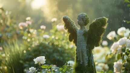 Obraz premium Moss-covered angel statue stands amid blooming roses. Soft sunlight filters through, highlighting dew drops falling gently. The serene garden scene evokes peace and quiet beauty