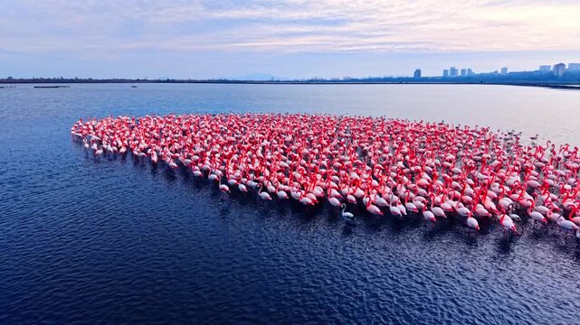 Wide shot of a massive pink flamingo colony resting in calm water near city. Dense group of pink flamingos in coastal lagoon.