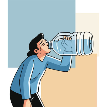 Sweaty person eagerly quenching thirst, drinking from an oversized water bottle