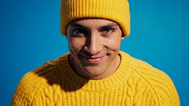 Portrait of a surprised young man in a yellow sweater and beanie covering his mouth in shock against a blue background.