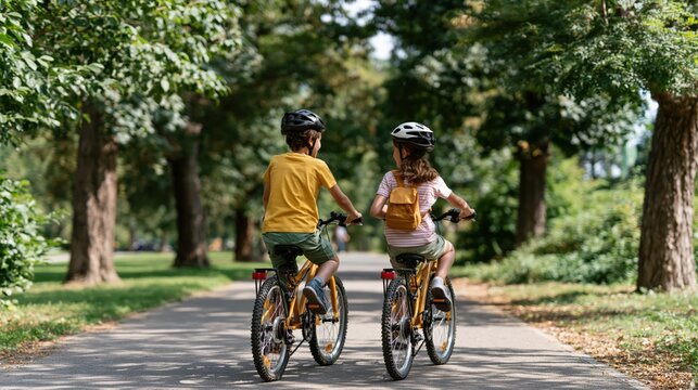 Two children wearing helmets ride bicycles on a paved path in a park