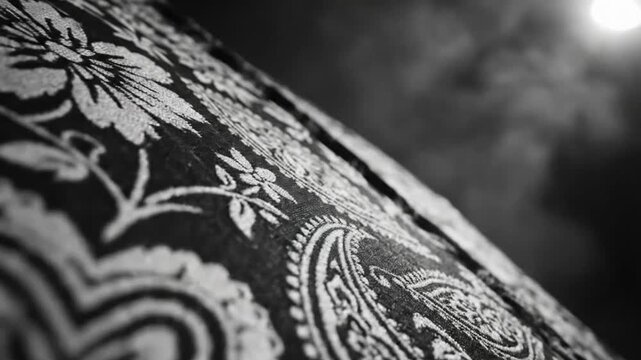 Black and white close up of fabric with floral paisley pattern reflecting moody night sky with moon and clouds