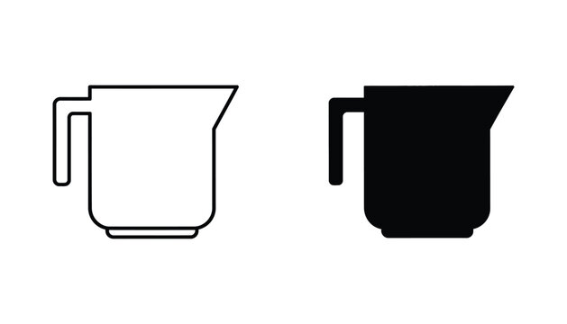 Kitchen measuring jug outline and solid black silhouette vector icons for cooking utensils and food preparation graphics